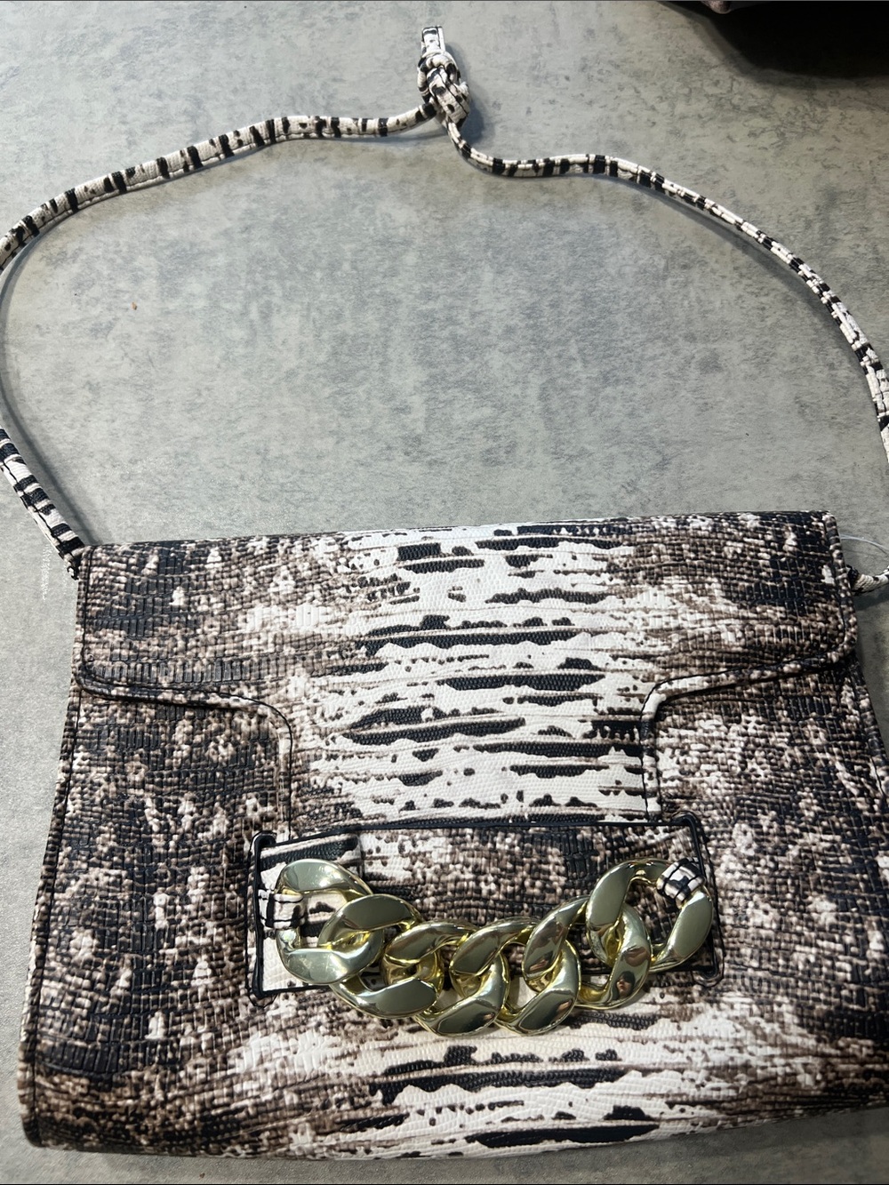 H&M Black & White Snake-Print Crossbody with Gold Chain